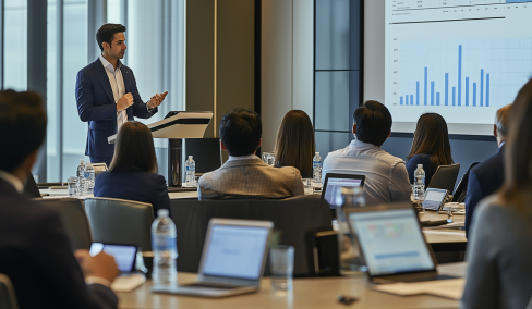 Moderner Konferenzraum mit Vortrag und Teilnehmern – ideal für Raumverwaltung, Hallenmanagement und Buchungssysteme mit SaaS.de.