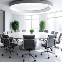 Moderner Sitzungssaal für öffentliche Einrichtungen – Konferenzraum buchen mit SaaS.de Heller moderner Sitzungssaal mit großem rundem Konferenztisch, ergonomischen Stühlen und grünen Pflanzen – ideal für Verwaltung, Kommunen und öffentliche Einrichtungen mit dem SaaS.de Buchungssystem.