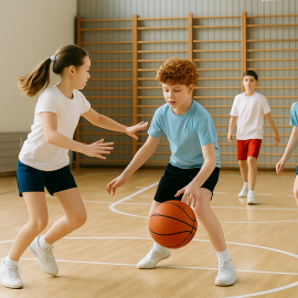 Sporthalle mit Basketballspiel – SaaS.de Buchungssystem für Vereine und Schulsport Kinder spielen Basketball in einer modernen Sporthalle mit Basketballkorb und Ball auf dem Spielfeld. Optimal für Turnvereine, Schulsport und Vereinsräume – verwaltet mit dem SaaS.de Buchungssystem.